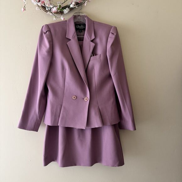 Vintage SUITS BY DALLAS Womens Skirt Suit Mauve Tweed Retro Office Petite 8/9 - Picture 1 of 13